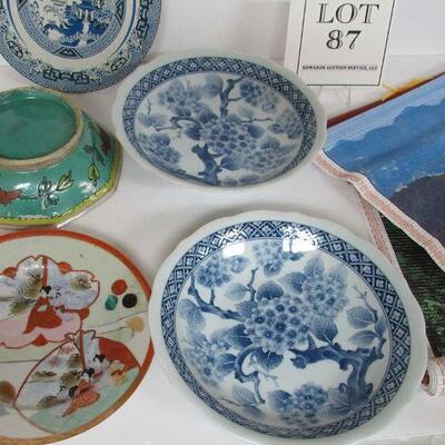 Asian Theme Dishes, Blue Willow Trivet, Blue & White Bowls Japan, Teal Bowl China, and Photo Calendars