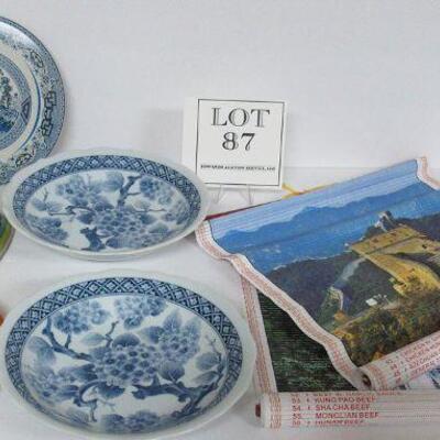 Asian Theme Dishes, Blue Willow Trivet, Blue & White Bowls Japan, Teal Bowl China, and Photo Calendars