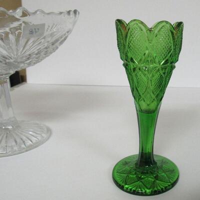 EAPG & Pressed Glass 2 Green Pattern Glass Vases, One With a Snake, Oil Bottle, Cruet, Large Footed Bowl