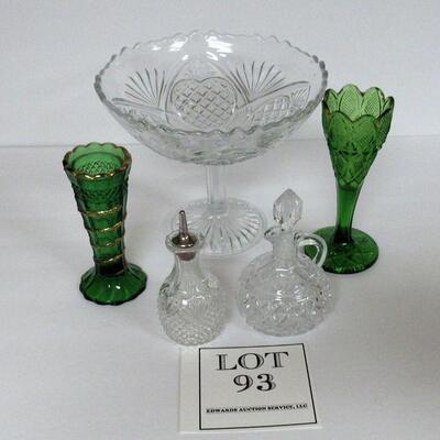 EAPG & Pressed Glass 2 Green Pattern Glass Vases, One With a Snake, Oil Bottle, Cruet, Large Footed Bowl