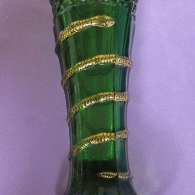 EAPG & Pressed Glass 2 Green Pattern Glass Vases, One With a Snake, Oil Bottle, Cruet, Large Footed Bowl