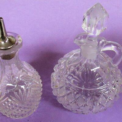 EAPG & Pressed Glass 2 Green Pattern Glass Vases, One With a Snake, Oil Bottle, Cruet, Large Footed Bowl