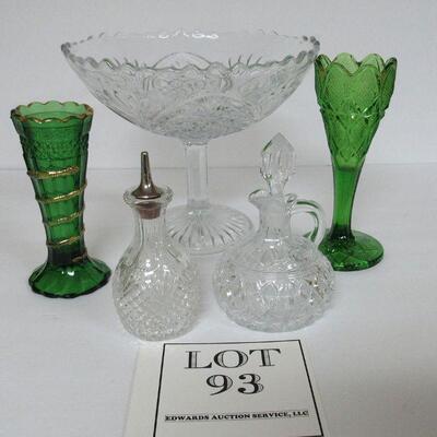 EAPG & Pressed Glass 2 Green Pattern Glass Vases, One With a Snake, Oil Bottle, Cruet, Large Footed Bowl