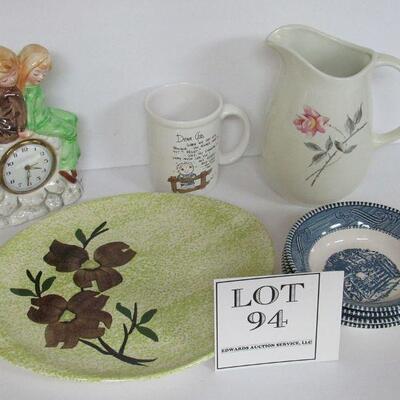 Universal Potteries Ballerina Pitcher, Blue Ridge Platter, Currier & Ives Small Bowls, Dear God Mug, Figural Clock