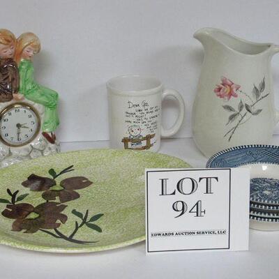 Universal Potteries Ballerina Pitcher, Blue Ridge Platter, Currier & Ives Small Bowls, Dear God Mug, Figural Clock