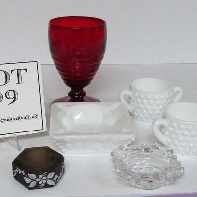 Fenton Hobnail Sugar & Creamer, Fostoria American Individual Ashtray, Westmoreland Ashtray and Napkin Ring, Red Goblet