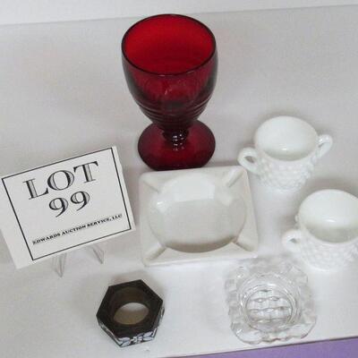 Fenton Hobnail Sugar & Creamer, Fostoria American Individual Ashtray, Westmoreland Ashtray and Napkin Ring, Red Goblet