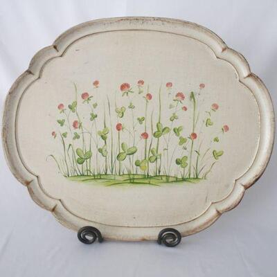 Lot #175: Vintage Carved Wood Floral Painted Tea Vanity Tray