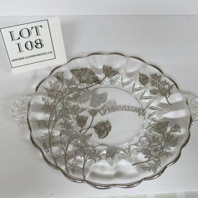 Vintage New Martinsville Janice Silver Deposit Handled Tray