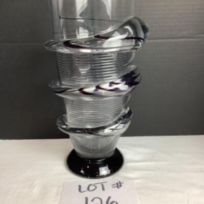 K - 126  Created by Chip Scarborough, Beautiful Clear Glass Vase with Black Swirled Throughout 