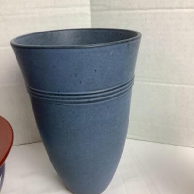 K - 127  Two Matching Pottery Bowls, One Blue Pottery Vase 