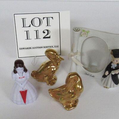 Boyd Glass Hand Painted Girl Doll, 2 Pottery Ducks, Enesco Graduate Picture Frame