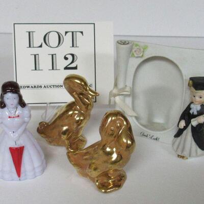 Boyd Glass Hand Painted Girl Doll, 2 Pottery Ducks, Enesco Graduate Picture Frame