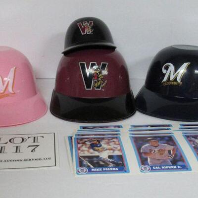 lot of Plastic Small Milwaukee Brewers and WI Timbler Rattlers Hats & Baseball Cards