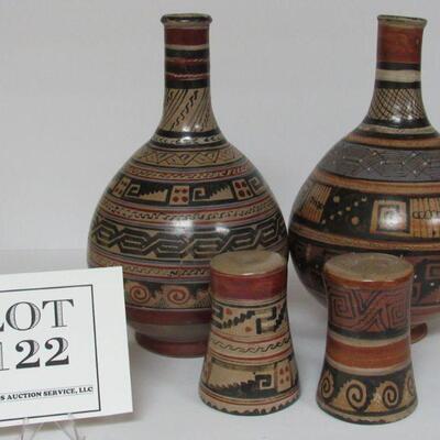 Unusual Wine or Water Bottles With Matching Tumblers, One Signed Timoteo Solis (El Salvadore)