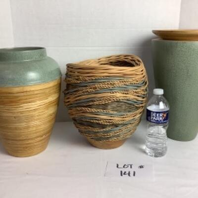 K -141  One Artisan Signed Woven Basket & Two Bamboo Vases