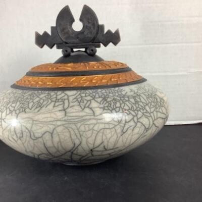 N - 151 Artisan Signed Raku Horsehair Glazed Pottery Vessel 