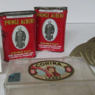 Small Advertising Items: 2 Prince Albert Tins, Corona Pastic Box, Tin Napkin Holder WI Dells Milk Products