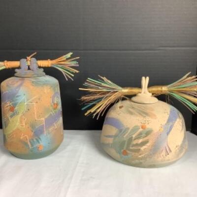 N - 157  Two Raku Pottery Jars ( 1 Signed by Laura Ross )  