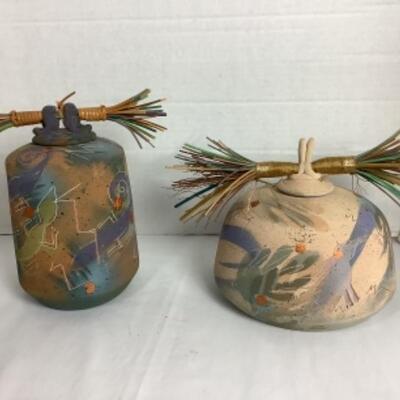 N - 157  Two Raku Pottery Jars ( 1 Signed by Laura Ross )  