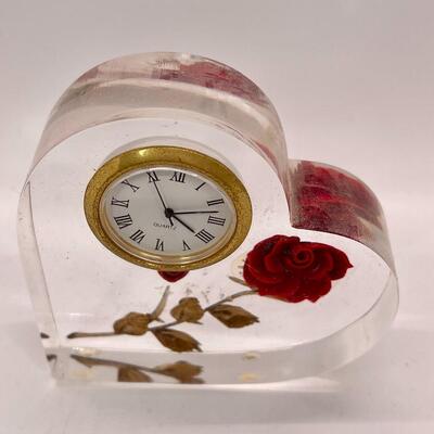 Rose in Clear Lucite Heart Clock