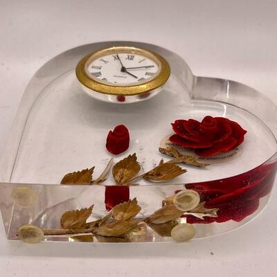Rose in Clear Lucite Heart Clock