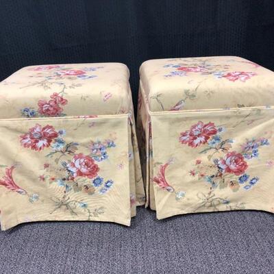 Pair of Yellow Floral Padded Ottomans Stools Seats
