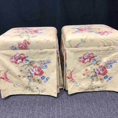 Pair of Yellow Floral Padded Ottomans Stools Seats