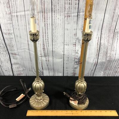 Matching Brushed Silver Satin Nickel Stainless Skinny Candlestick Style Table Lamps