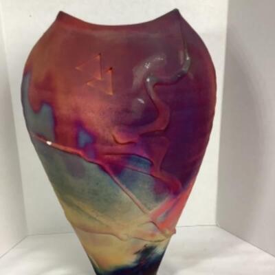 N - 165 Artisan Signed/ Crafted Colorful Raku Pottery Vase 