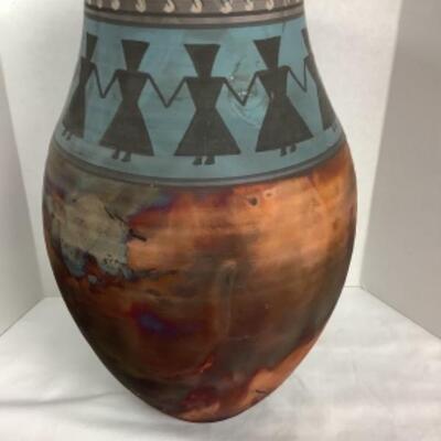 N - 166 Artisan Signed Raku Tribal Figures, Pottery Vase 
