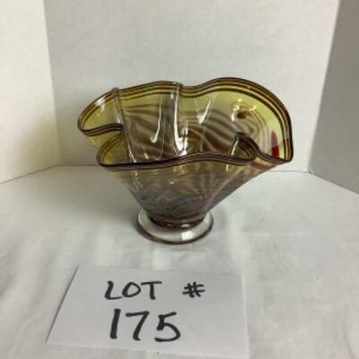 N - 175 David Reade Crafted & Signed Amber, Folded/Wavey Glass Bowl 