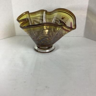 N - 175 David Reade Crafted & Signed Amber, Folded/Wavey Glass Bowl 