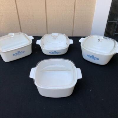 Lot 2S.  4 Assorted Vintage Glass Baking Dishes with lids (Corning, Cordon Bleu)--$30.00
