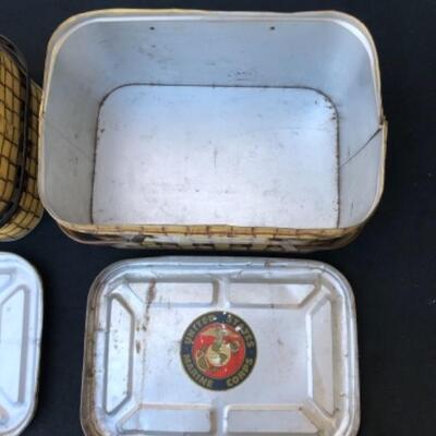 Lot 3DM.  3 Vintage Midcentury Tin Litho Pic-Nic Lunch Box with Metal Handles: Blue, Yellow Stripe, Basket Weave Pattern, 1950â€™s  (#...