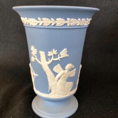 Lot 25P. Wedgwood Jasperware porcelain: 1 blue vase, 1 celadon ashtray, 1 black ashtray â€” $12