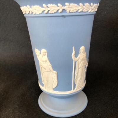 Lot 25P. Wedgwood Jasperware porcelain: 1 blue vase, 1 celadon ashtray, 1 black ashtray â€” $12