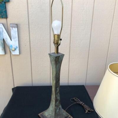 Lot 45P. Brutalist Bronze floor and table lamp, Verdigris Patina,Purchased at Gumpâ€™s with 2 shades, 1970â€™s, purchased 1980â€™s â€”...
