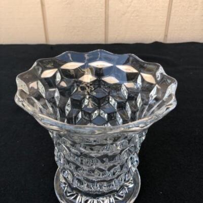 Lot 58L.  Fostoria American Glassware: 3 Creamers, 1 Sugar bowl, 1 vase, 2 round divided bowls, 1 Nappy bowl â€” $32