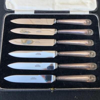 Lot 79S. Antique Sterling Silver handled Tea Knives, Firth Stainless, in fitted box, branded D.F., Kemp & Wilcox, made in Wolverhampton...