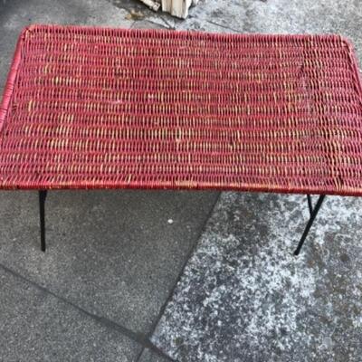 Lot 86DM. Vintage Midcentury Woven Wicker occasional table, painted red with black wrought iron legs, Arthur Umanoff Style, 1950â€™s,...
