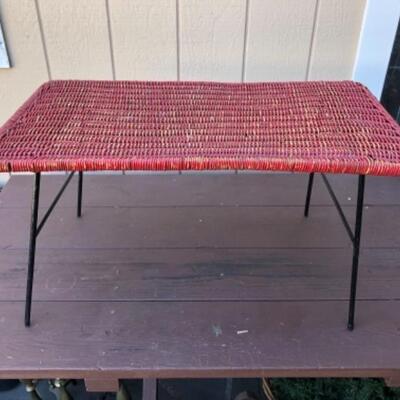 Lot 86DM. Vintage Midcentury Woven Wicker occasional table, painted red with black wrought iron legs, Arthur Umanoff Style, 1950â€™s,...