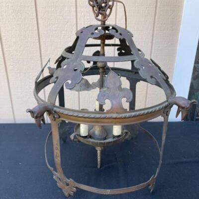 Lot 91DM. Vintage French Medieval Gothic hanging light, bronze and wrought iron, cage with three arms, chainlink, hardwire, 26â€ T x...