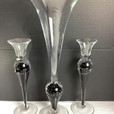 N - 178  Three Piece Craftsman Signed Hand Blown Vase/Candle Holder Set 