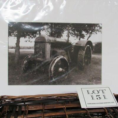 Large Tractor Photo Matted and a Square Basket With Cover