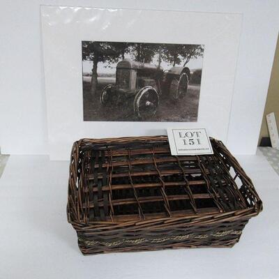 Large Tractor Photo Matted and a Square Basket With Cover