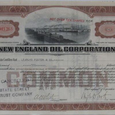 Antique Stock Certificate New England Oil Corp 1922