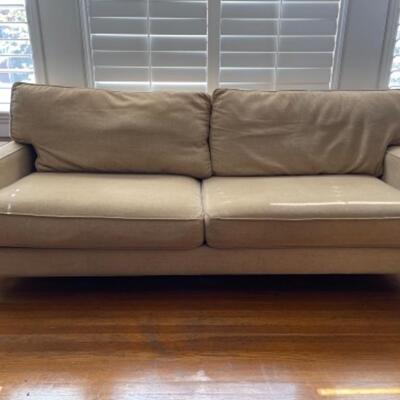 Lot 1LD.  7-foot mid-Century butter-colored wool upholstery (tiny burn hole on one cushion)--$95