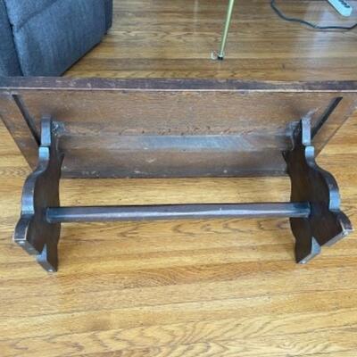 Lot 2LP. Dark oak Craftsman style coffee table with carved legs and keyed tenons (36â€L x 18â€D x 15â€H)--$95 