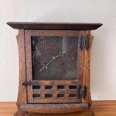 Lot 5LD. Antique â€˜Los Santosâ€™ mantle Mission clock by New Haven Clock Company, black oak, eight day, circa 1913 (13-3/4â€ x...